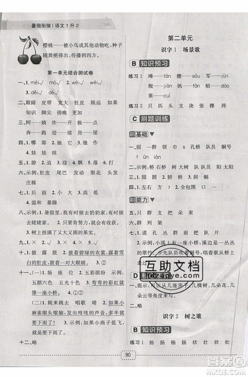 2019新版名师派暑假衔接一升二语文通用版暑假作业参考答案