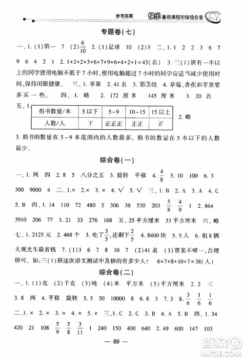 2019年快乐暑假课程衔接组合卷三年级数学北师大版参考答案