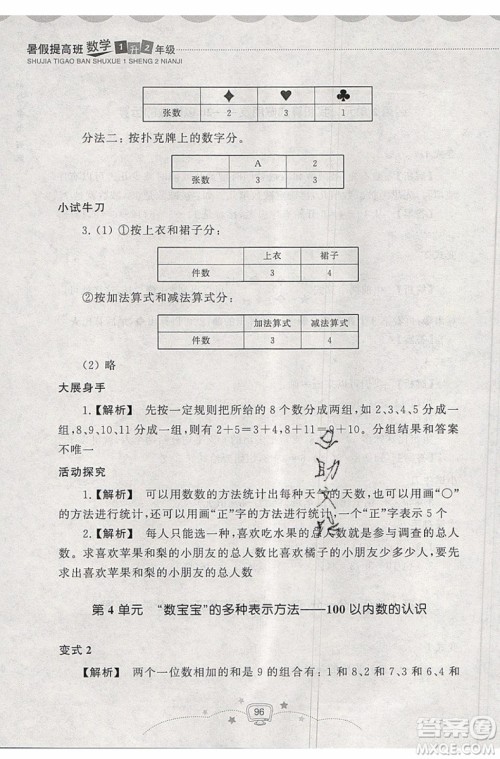 2019年暑假提高班1年级升2年级数学暑假衔接参考答案