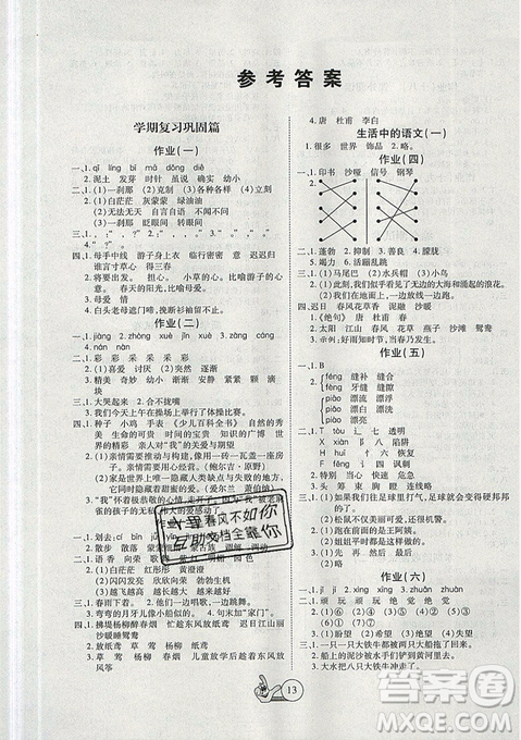 2019年全优假期派暑假三年级语文北师大版参考答案