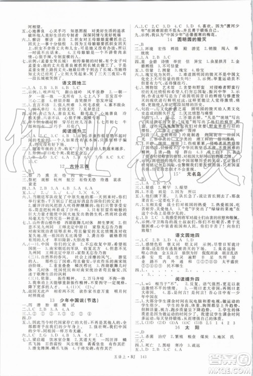 2019年优翼学练优五年级语文上册人教版武汉专用参考答案