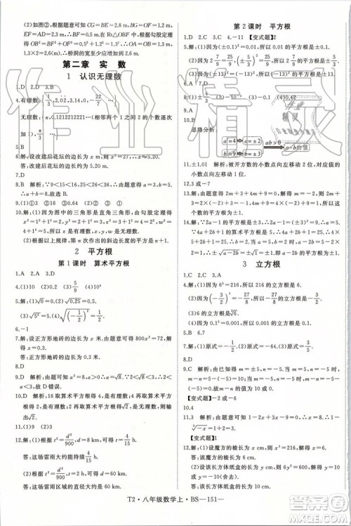 北师大版2019年优翼学练优八年级数学上册参考答案