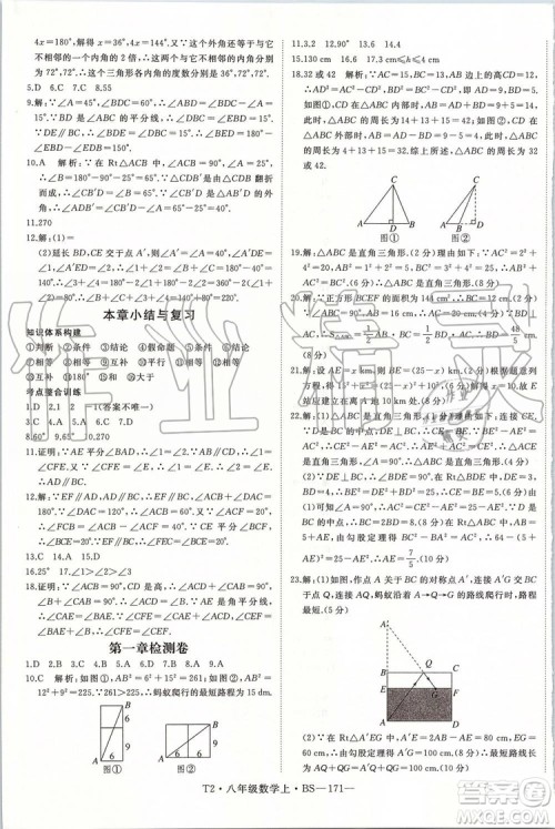 北师大版2019年优翼学练优八年级数学上册参考答案