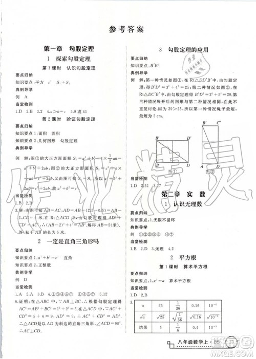 北师大版2019年优翼学练优八年级数学上册参考答案