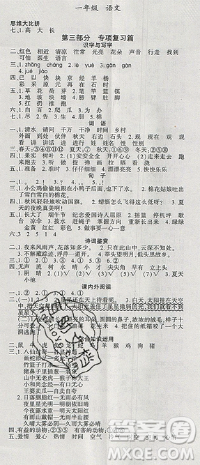 2019年假期特训年度总复习暑假一年级语文参考答案