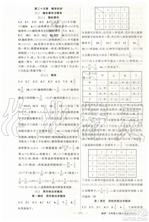 第1课堂2019年秋黄冈100分闯关上册九年级数学人教版参考答案