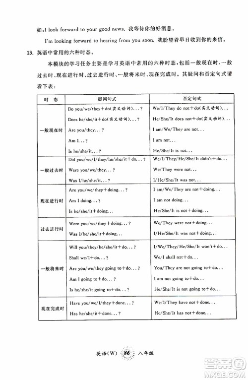2019新版第三学期暑假衔接八年级英语外研版W参考答案