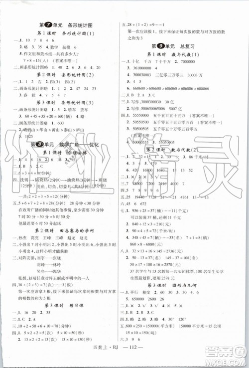 2019秋优翼丛书学练优小学数学四年级上RJ人教版参考答案