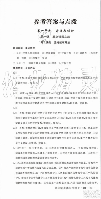 2019秋优翼丛书学练优道德与法治九年级上册初三上RJ人教版参考答案