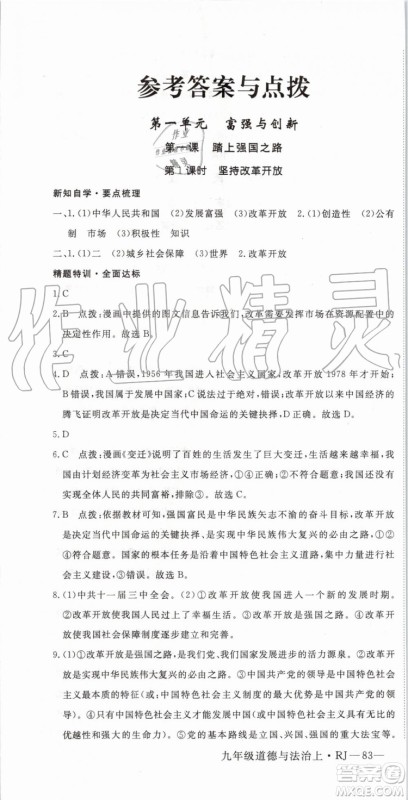 2019秋优翼丛书学练优道德与法治九年级上册初三上RJ人教版参考答案