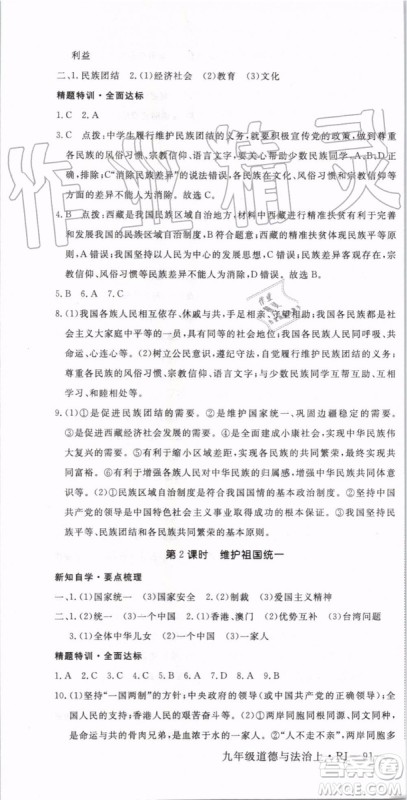 2019秋优翼丛书学练优道德与法治九年级上册初三上RJ人教版参考答案