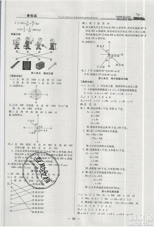 2019小学生复习计划风向标暑假五年级数学北师大版答案