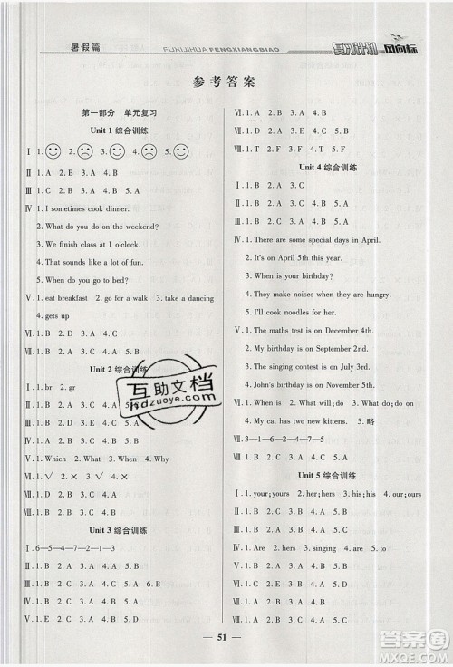 2019小学生复习计划风向标暑假五年级英语人教PEP版答案