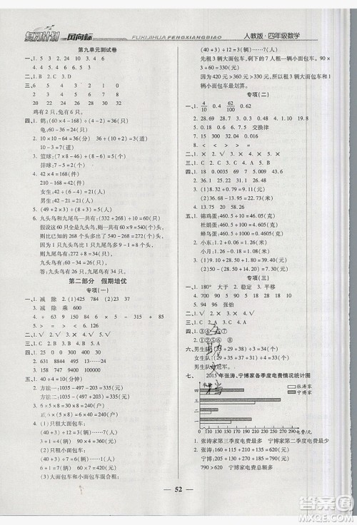 2019小学生复习计划风向标暑假四年级数学人教版答案