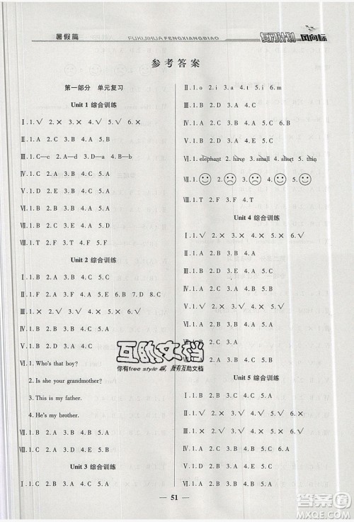 2019小学生复习计划风向标暑假三年级英语人教PEP版答案