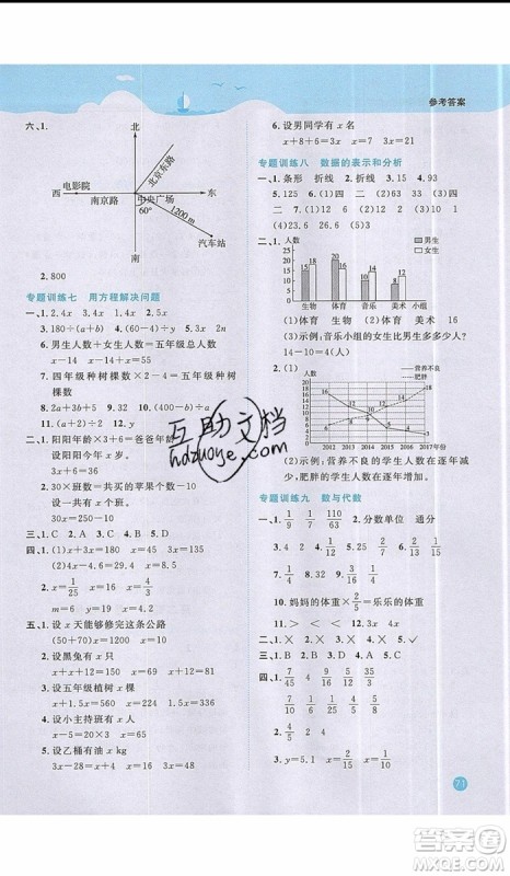 阳光同学2019年暑假衔接五年级下册数学5升6北师大版参考答案