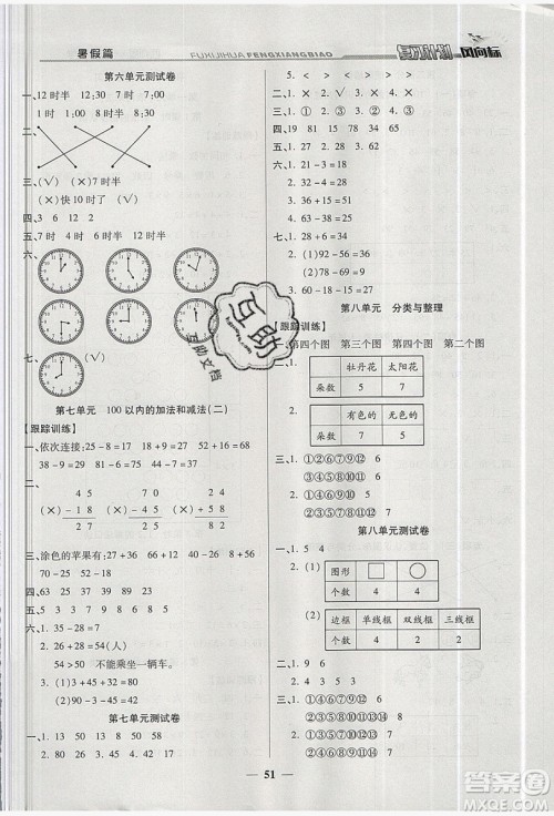 2019小学生复习计划风向标暑假1年级数学西师大版答案