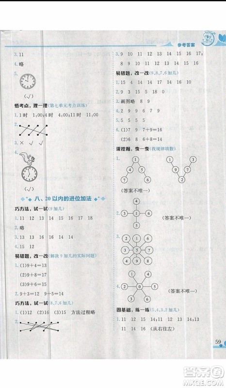 黄冈小状元2019新版读写培优小秘招一年级上册数学参考答案