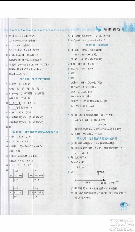 2019新版黄冈小状元易错周周练五年级上册数学人教版参考答案