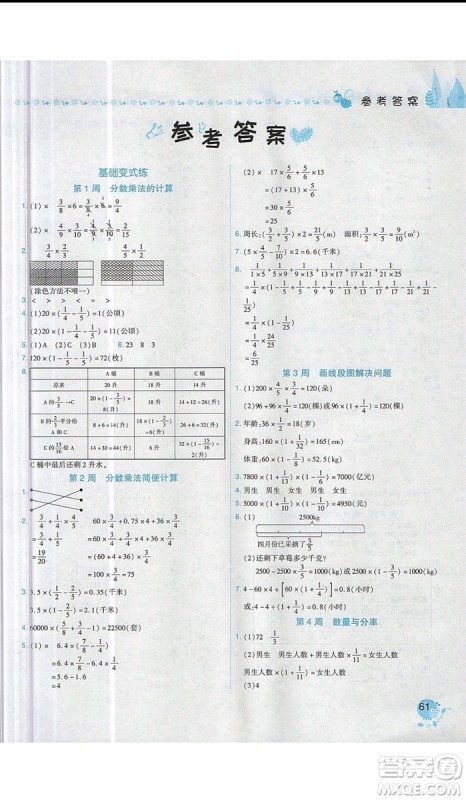 2019新版黄冈小状元易错周周练六年级上册数学人教版参考答案