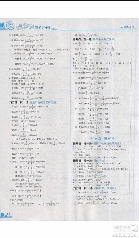 2019秋黄冈小状元小学六年级上册数学小秘招参考答案
