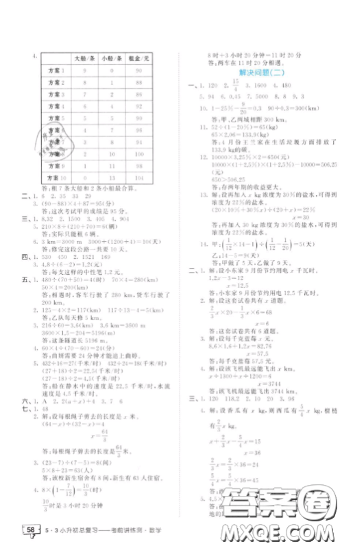 2019小学数学53小升初总复习考前讲练测参考答案