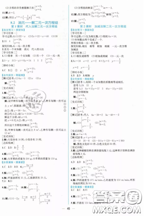 人民教育出版社人教版2019同步学历案课时练七年级数学下册参考答案