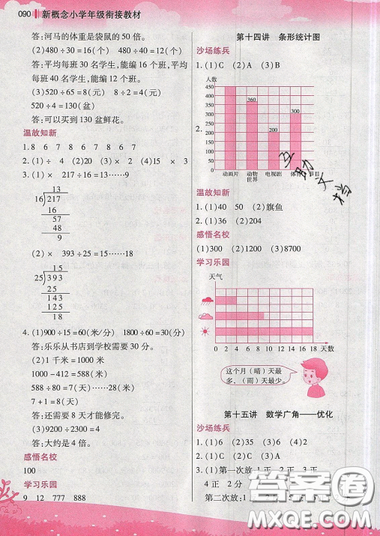 2019江苏凤凰美术出版社新概念小学年级衔接教材3升4年级数学参考答案