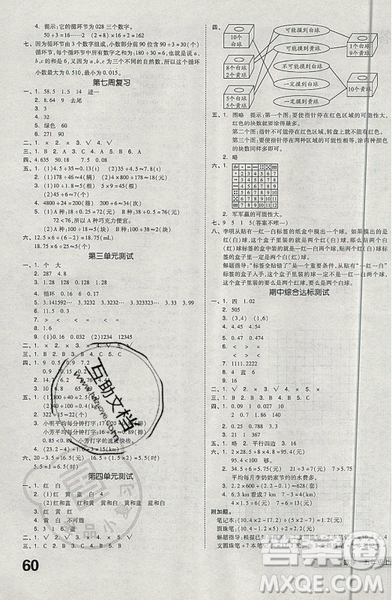 天津人民出版社2019全品小复习小学数学5五年级上册人教版RJ参考答案