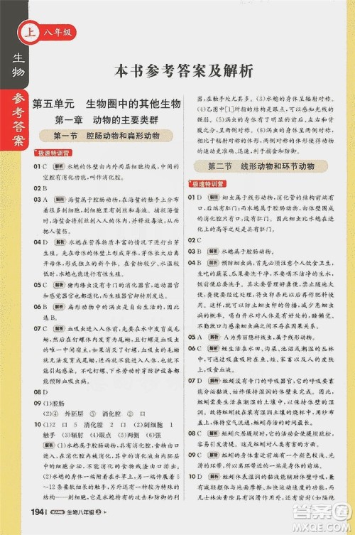 北京教育出版社2020新版1+1轻巧夺冠课堂直播八年级生物上册人教版答案