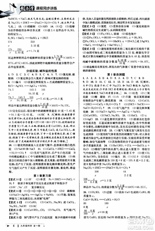 2020版教与学课程同步讲练九年级科学全一册浙教版参考答案