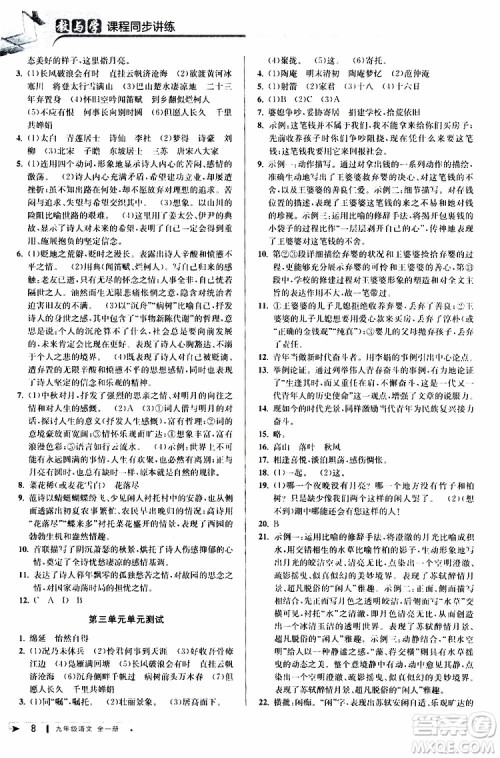 2020版教与学课程同步讲练九年级语文全一册人教版参考答案