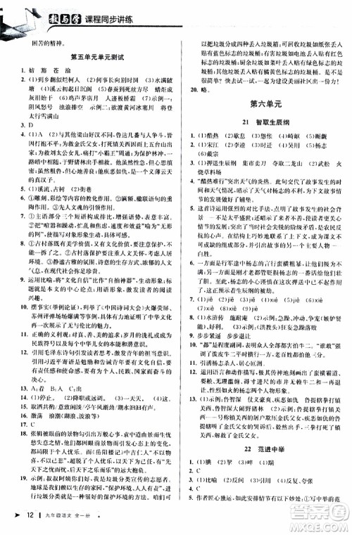 2020版教与学课程同步讲练九年级语文全一册人教版参考答案