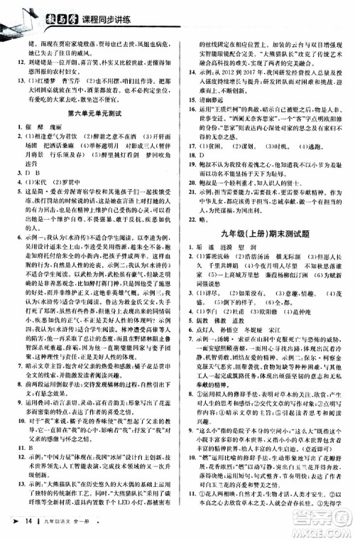 2020版教与学课程同步讲练九年级语文全一册人教版参考答案