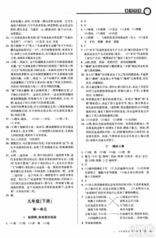 2020版教与学课程同步讲练九年级语文全一册人教版参考答案