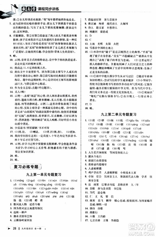 2020版教与学课程同步讲练九年级语文全一册人教版参考答案