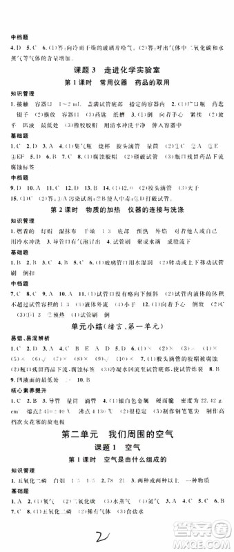 2019年名校课堂九年级上册化学RJ人教版河南专版参考答案