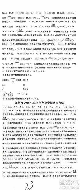 2019年名校课堂九年级上册化学RJ人教版河南专版参考答案