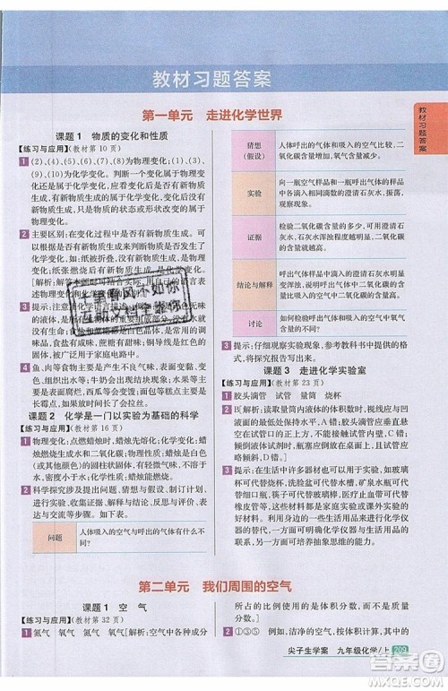 2019年尖子生学案化学九年级上册新课标人教版参考答案 2019年尖子生学案化学九年级上册新课标人教版参考答案