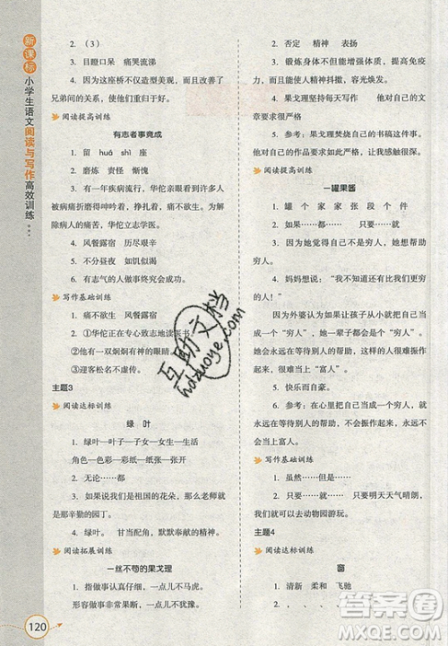 2019新课标小学生语文阅读与写作高效训练最新版四年级参考答案