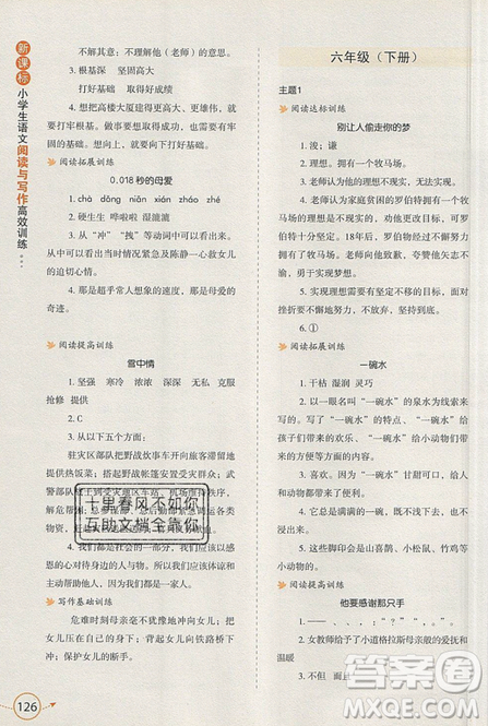 2019新课标小学生语文阅读与写作高效训练最新版六年级参考答案