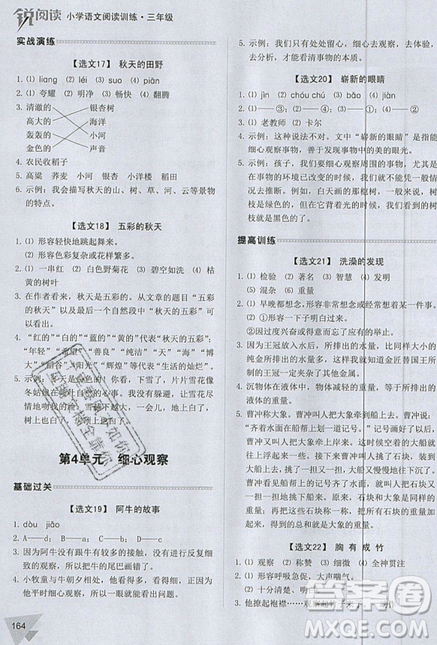 2019新版锐阅读小学语文阅读训练100篇三年级通用版参考答案