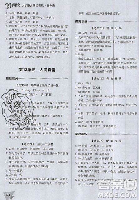 2019新版锐阅读小学语文阅读训练100篇三年级通用版参考答案