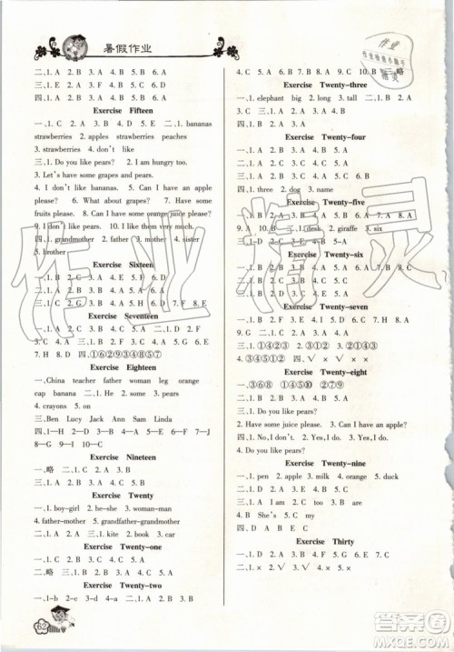 蓝博士2019年暑假作业三年级英语人教PEP版参考答案 蓝博士2019年暑假作业三年级英语人教PEP版参考答案
