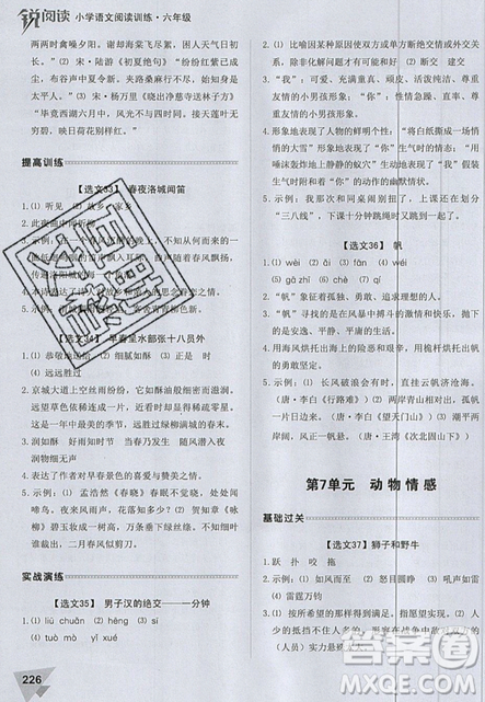 2019新版锐阅读小学语文阅读训练100篇六年级通用版参考答案