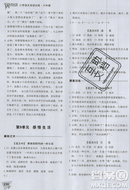 2019新版锐阅读小学语文阅读训练100篇六年级通用版参考答案