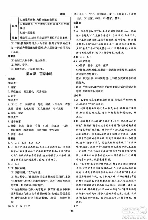 2019年秋初中同步学考优化设计历史七年级上册RJ人教版参考答案 2019年秋初中同步学考优化设计历史七年级上册RJ人教版参考答案