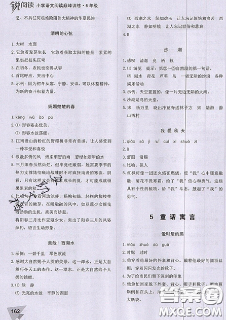 文化发展出版社2019锐阅读小学语文阅读巅峰训练六年级参考答案