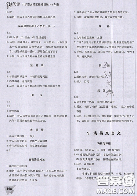 文化发展出版社2019锐阅读小学语文阅读巅峰训练六年级参考答案