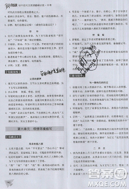 文化发展出版社2019新版锐阅读初中现代文阅读巅峰训练中考考点版参考答案